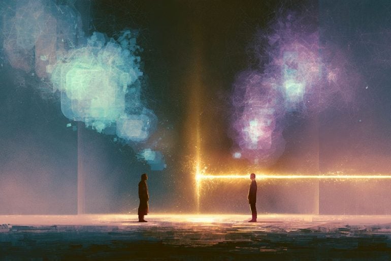 This shows two people looking at one another.