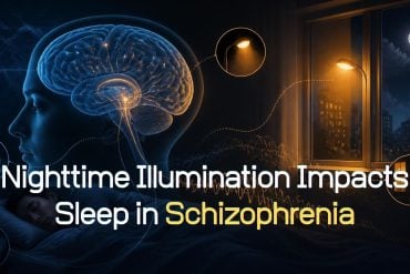 This shows the outline of a head and a dark bedroom with a light on. Caption reads :Nighttime Illumination Impacts Sleep in Schizophrenia.