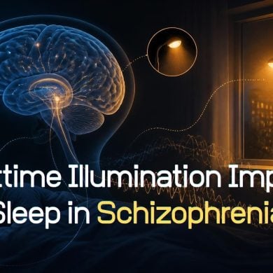 This shows the outline of a head and a dark bedroom with a light on. Caption reads :Nighttime Illumination Impacts Sleep in Schizophrenia.