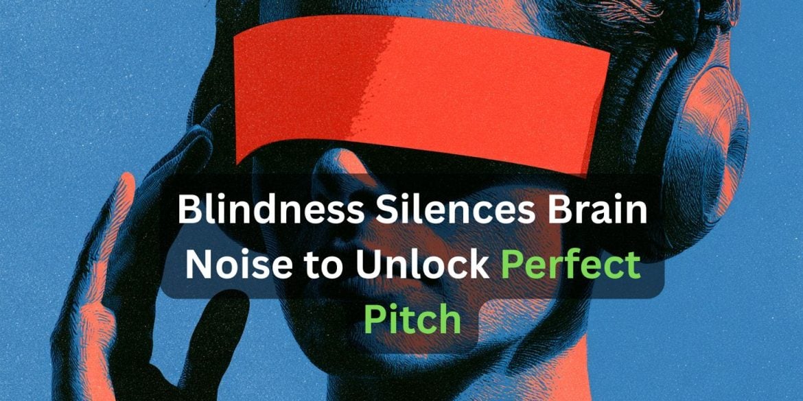 This shows a blindfolded person with headphones on.