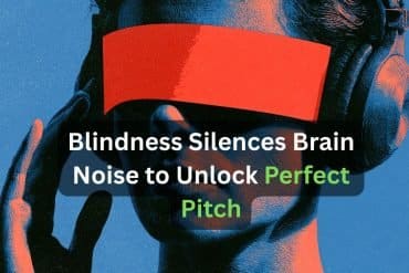 This shows a blindfolded person with headphones on.