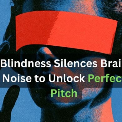 This shows a blindfolded person with headphones on.