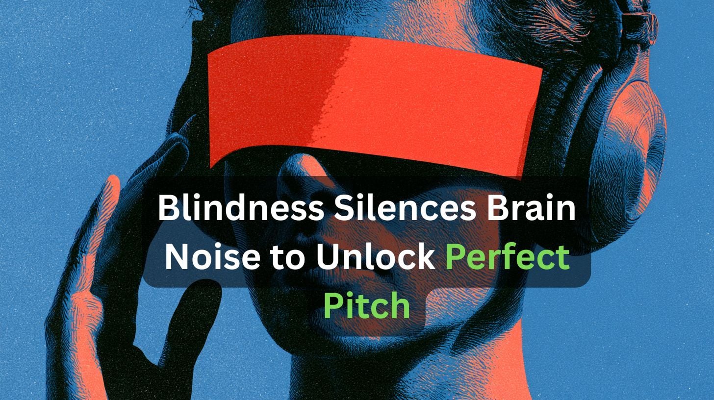 This shows a blindfolded person with headphones on.
