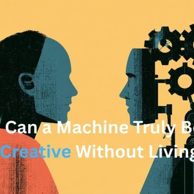 This shows a person and a robot. Caption reads "Can a Machine Truly Be Creative Without Living?."