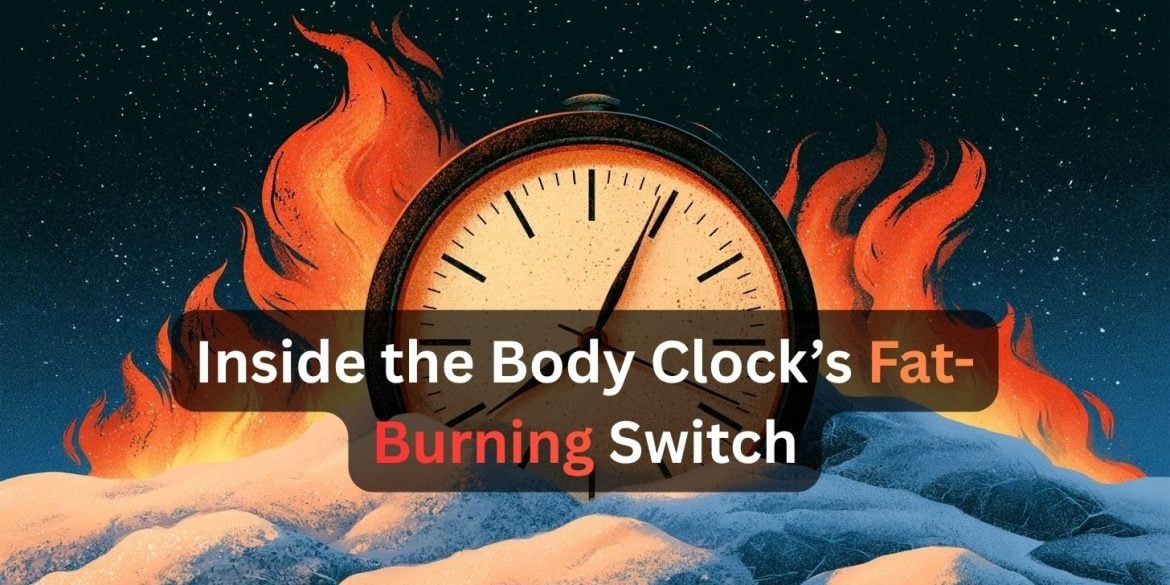 This shows a clock surrounded by fire and snow. Caption reads "Inside the Body Clock’s Fat-Burning Switch."
