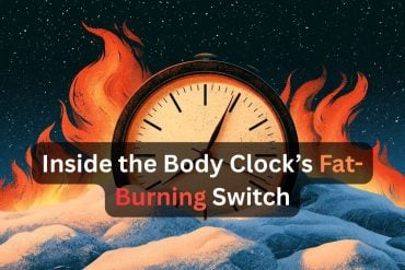 This shows a clock surrounded by fire and snow. Caption reads "Inside the Body Clock’s Fat-Burning Switch."