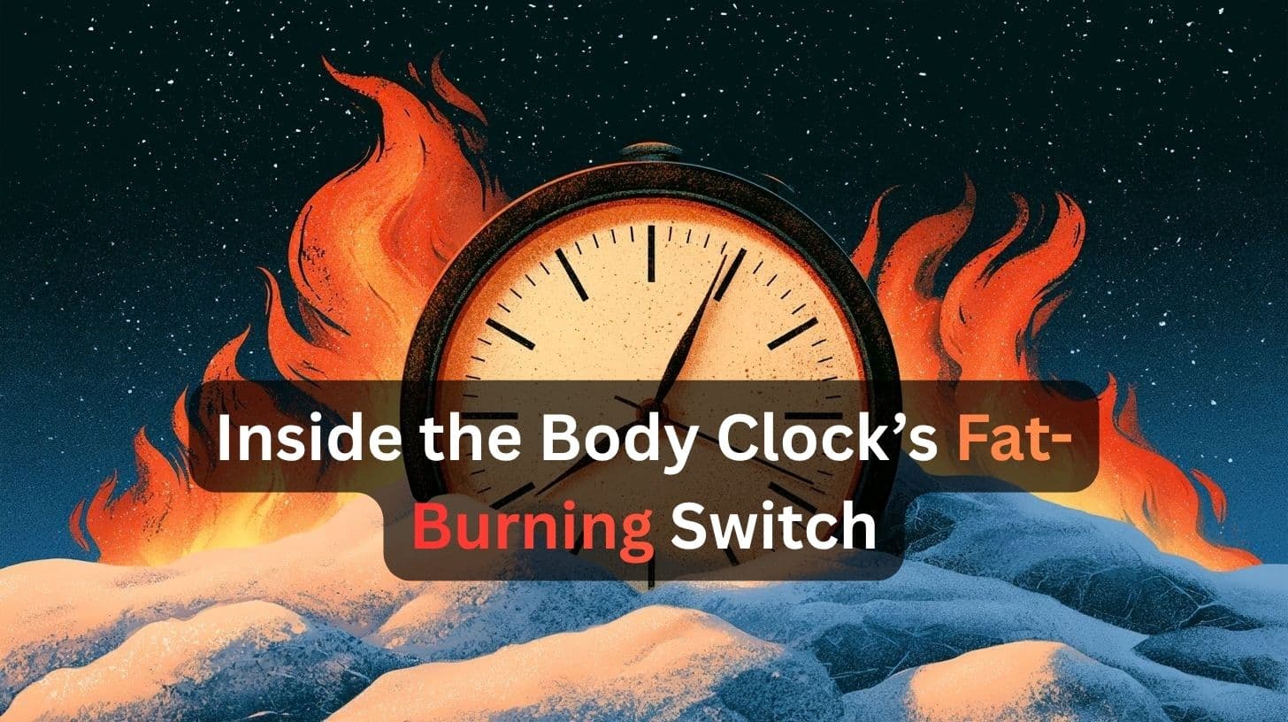 This shows a clock surrounded by fire and snow. Caption reads "Inside the Body Clock’s Fat-Burning Switch."