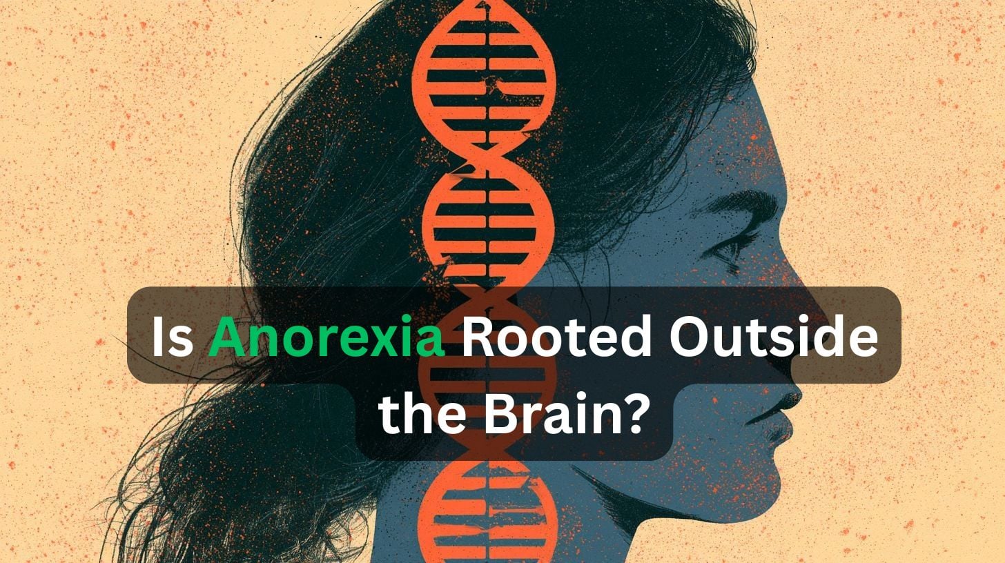 This shows a woman and DNA. Caption reads "Is Anorexia Rooted Outside the Brain?"