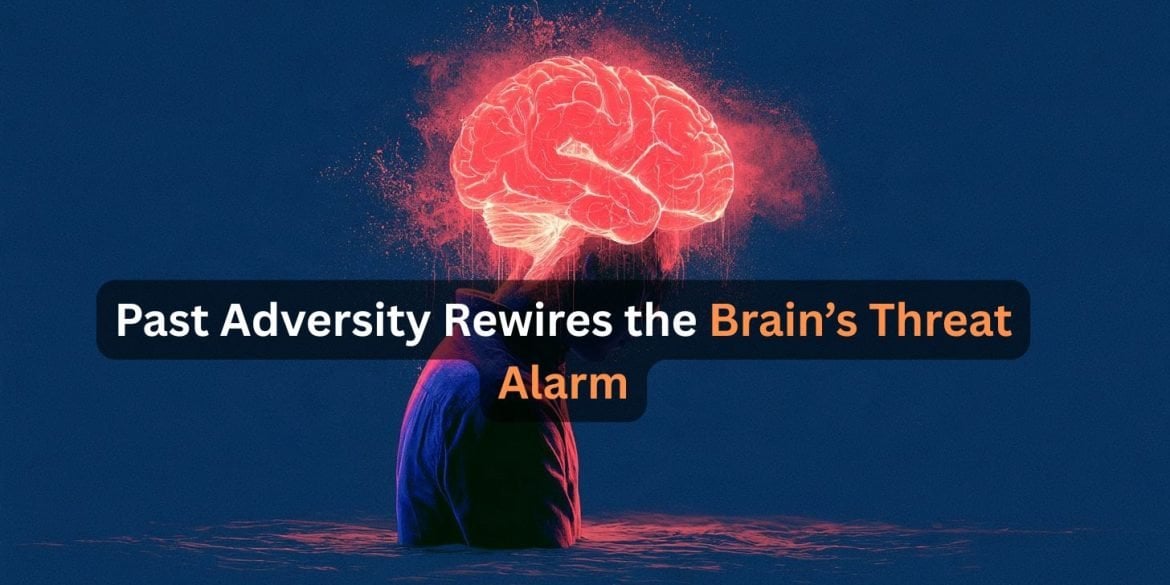 This shows a head and a brain. Caption reads "Past Adversity Rewires the Brain’s Threat Alarm."