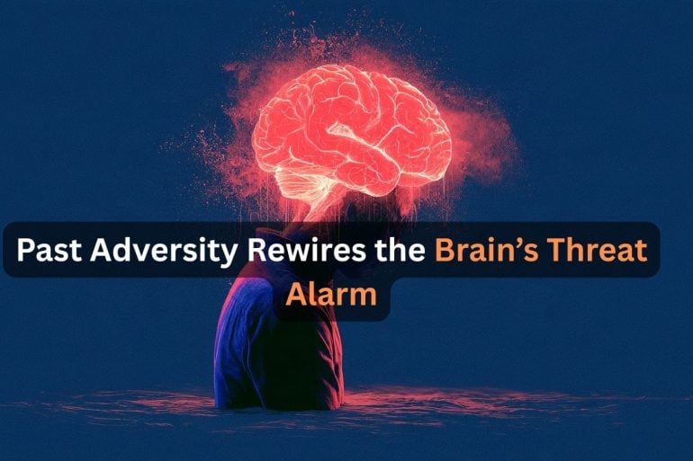 This shows a head and a brain. Caption reads "Past Adversity Rewires the Brain’s Threat Alarm."