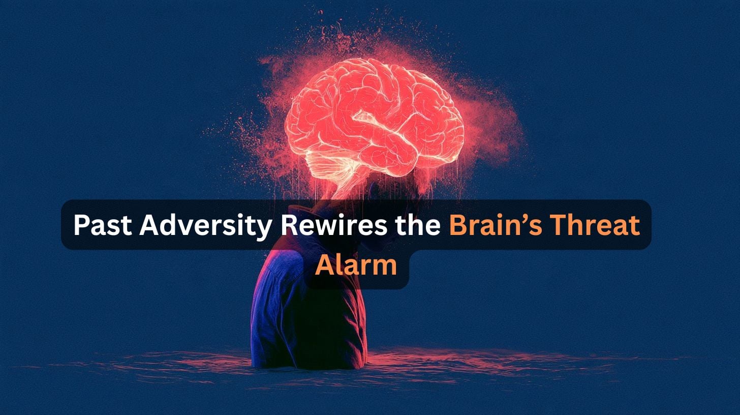 This shows a head and a brain. Caption reads "Past Adversity Rewires the Brain’s Threat Alarm."