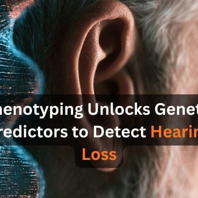 This shows an ear and DNA. Caption reads "Phenotyping Unlocks Genetic Predictors to Detect Hearing Loss."