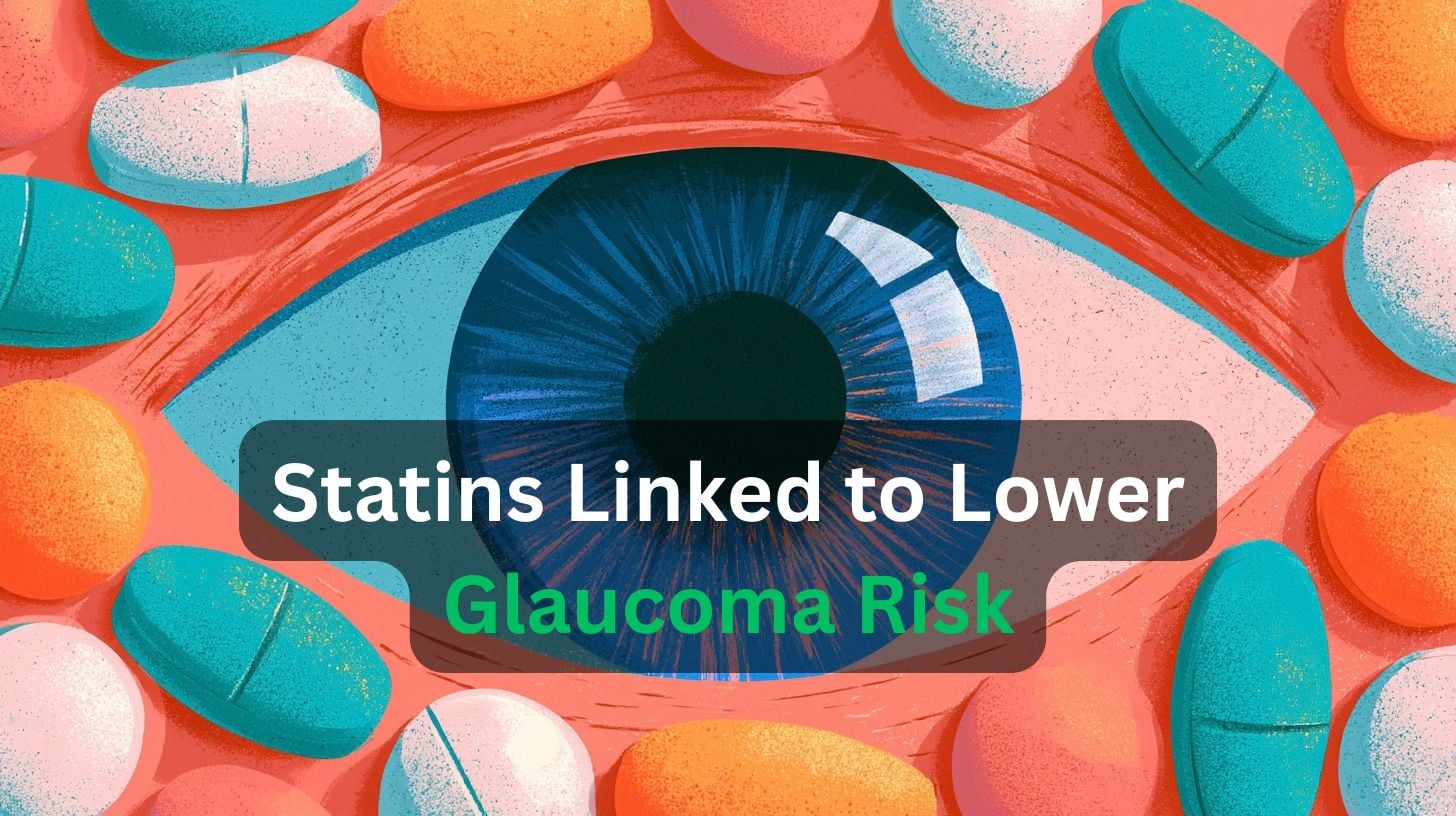 This shows an eye and pills. Caption reads "Statins Linked to Lower Glaucoma Risk."