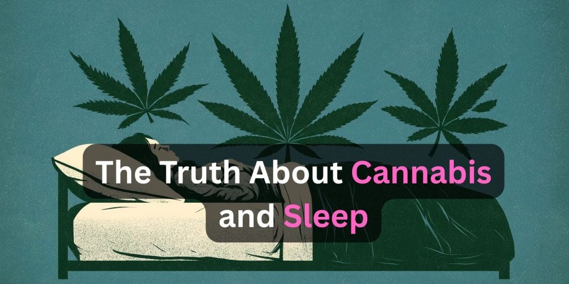 This shows a person sleeping and leaves. Caption reads "The Truth About Cannabis and Sleep."