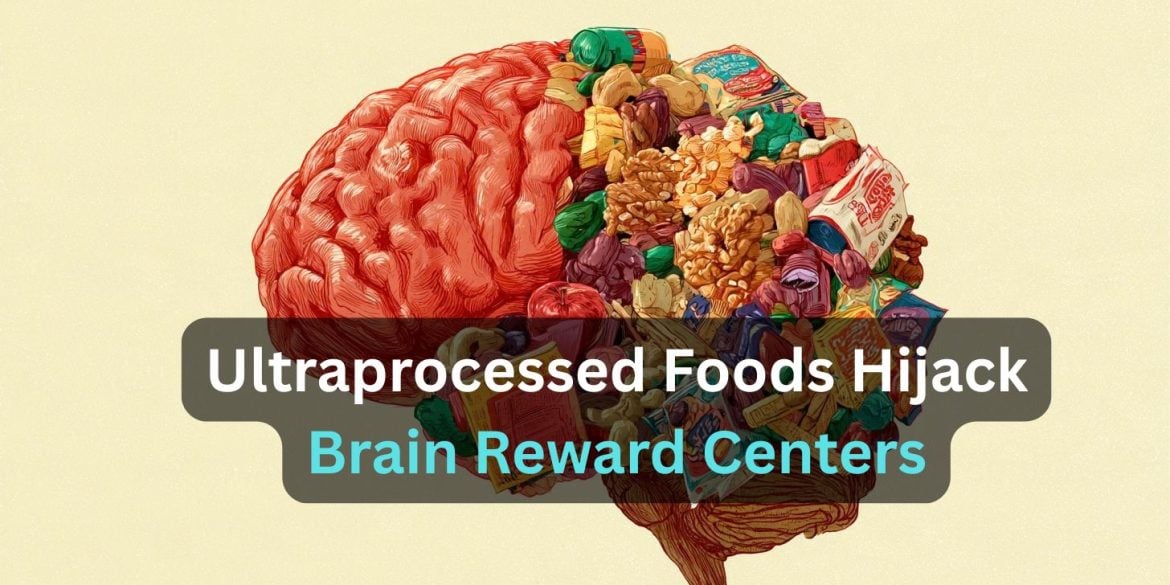 This shows a brain made of food. Caption reads "Ultraprocessed Foods Hijack Brain Reward Centers."