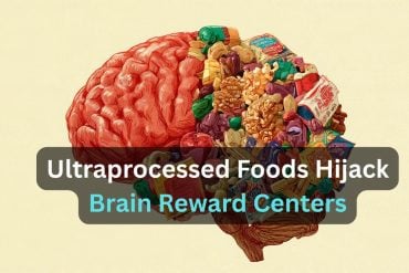 This shows a brain made of food. Caption reads "Ultraprocessed Foods Hijack Brain Reward Centers."
