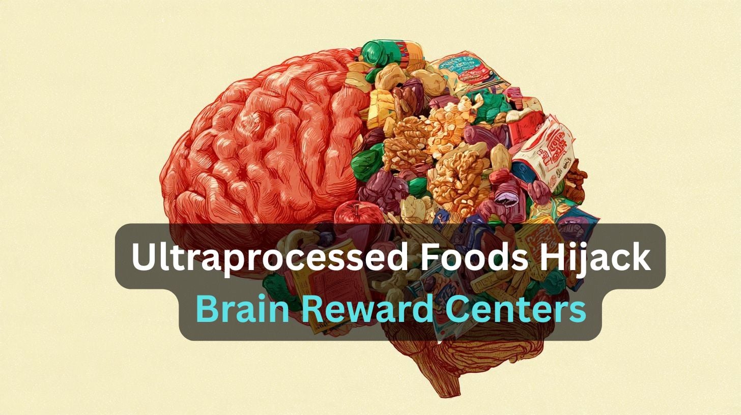 This shows a brain made of food. Caption reads "Ultraprocessed Foods Hijack Brain Reward Centers."