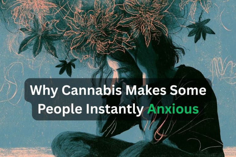 This shows an anxious looking person surrounded by leaves. Caption reads "Why Cannabis Makes Some People Instantly Anxious."