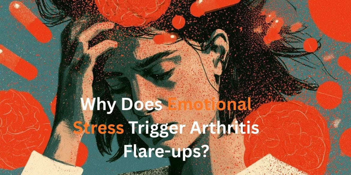 This shows a stressed woman. Caption reads "Why Does Emotional Stress Trigger Arthritis Flare-ups?"