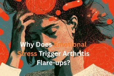 This shows a stressed woman. Caption reads "Why Does Emotional Stress Trigger Arthritis Flare-ups?"