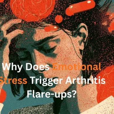 This shows a stressed woman. Caption reads "Why Does Emotional Stress Trigger Arthritis Flare-ups?"