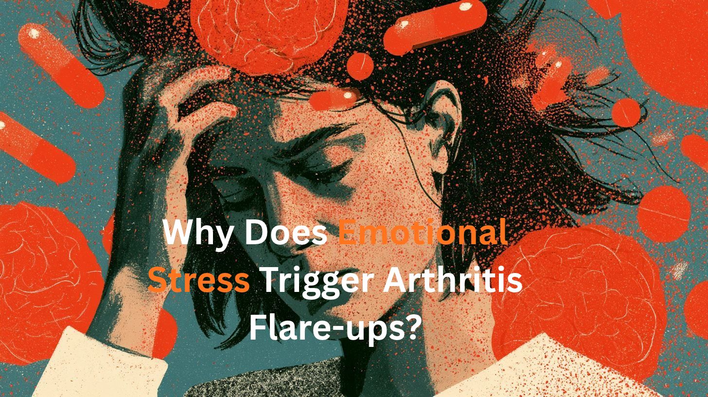 This shows a stressed woman. Caption reads "Why Does Emotional Stress Trigger Arthritis Flare-ups?"