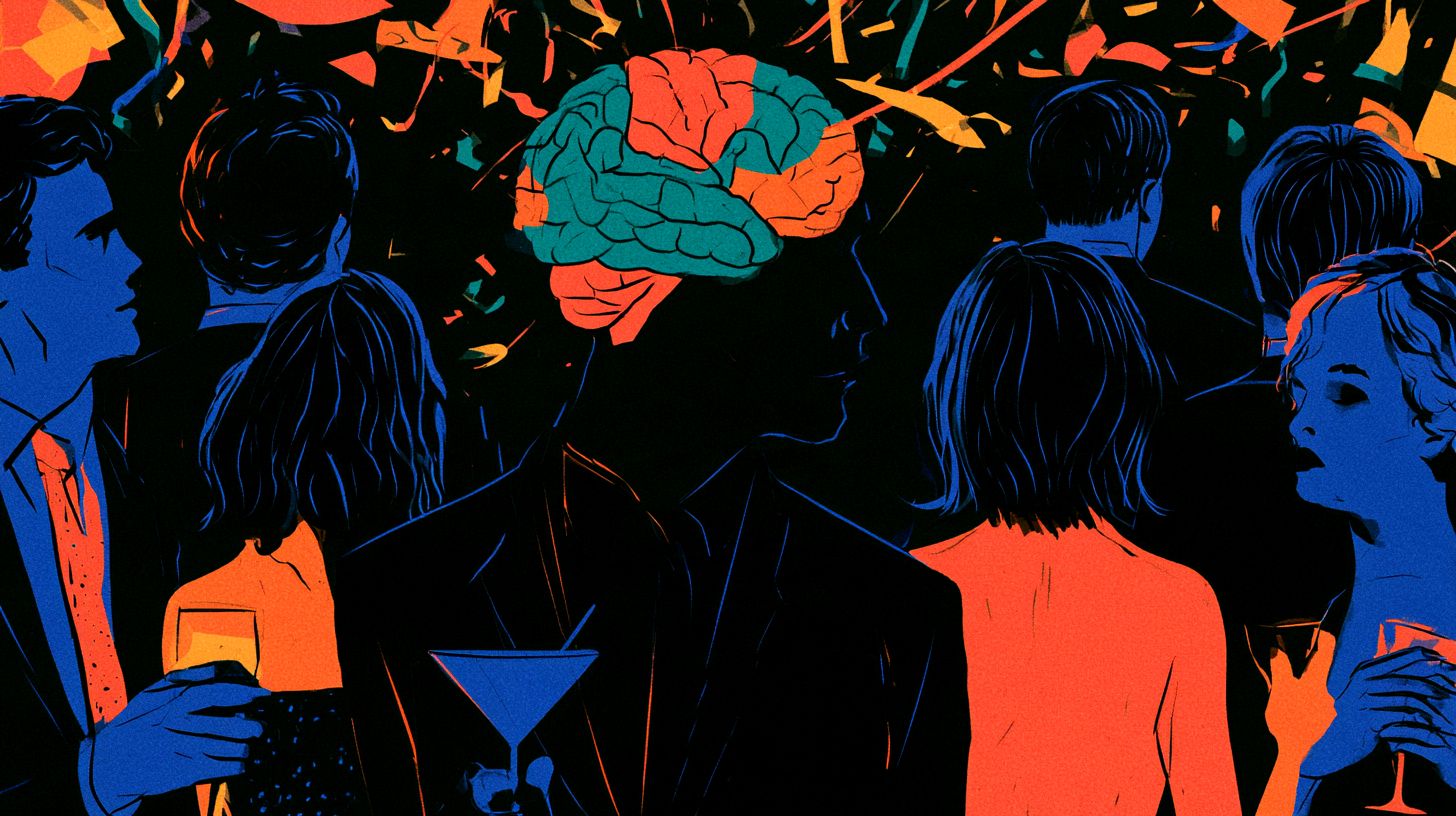 This shows a brain and a person at a cocktail party.