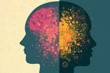 This shows the outline of two heads and swirls where brains should be.