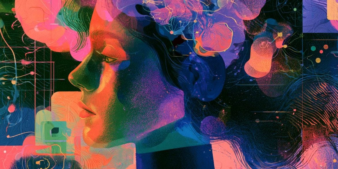 This shows a woman's head and a psychedelic background.