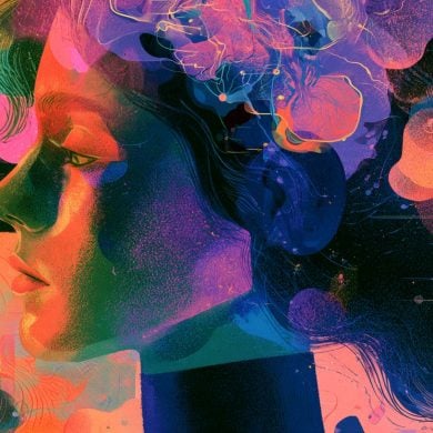 This shows a woman's head and a psychedelic background.
