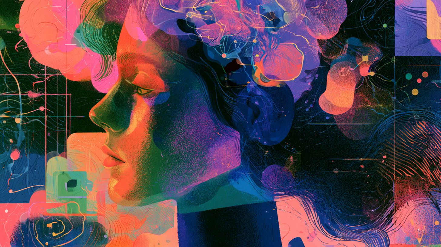 This shows a woman's head and a psychedelic background.