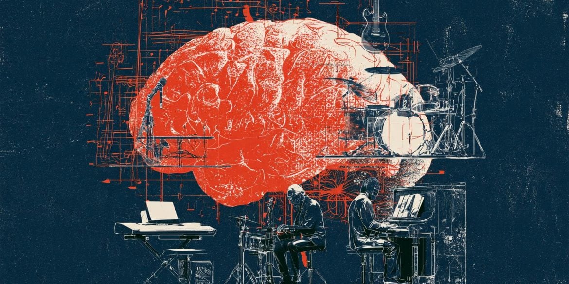 This shows a brain and people playing instruments.