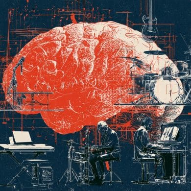 This shows a brain and people playing instruments.