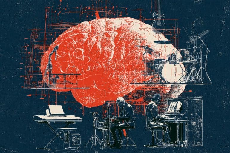 This shows a brain and people playing instruments.