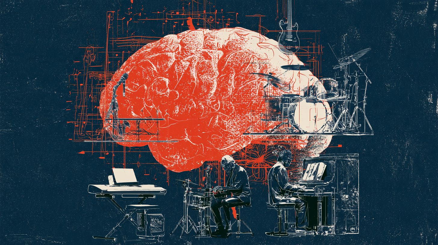 This shows a brain and people playing instruments.
