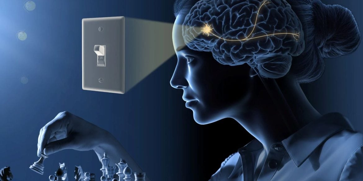 This shows a woman playing chess, a brain and a light switch.