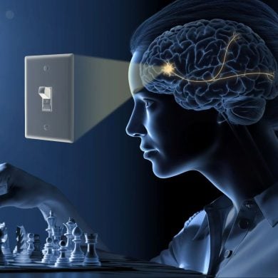 This shows a woman playing chess, a brain and a light switch.