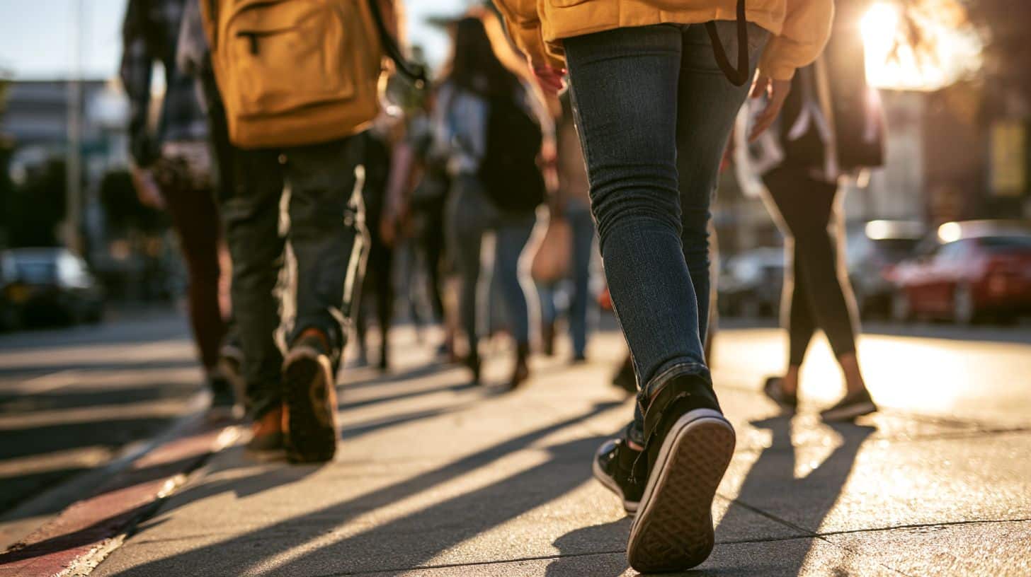 This shows teens walking to school.