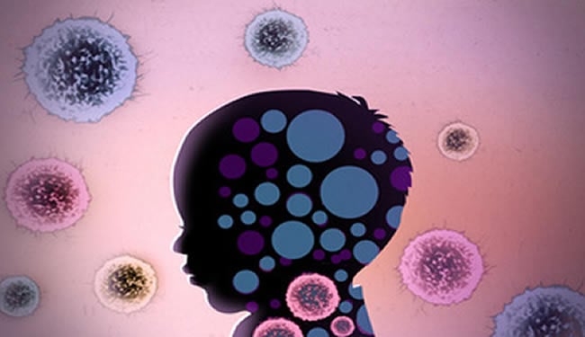A graphic of a child's head with immune cells floating around is shown.