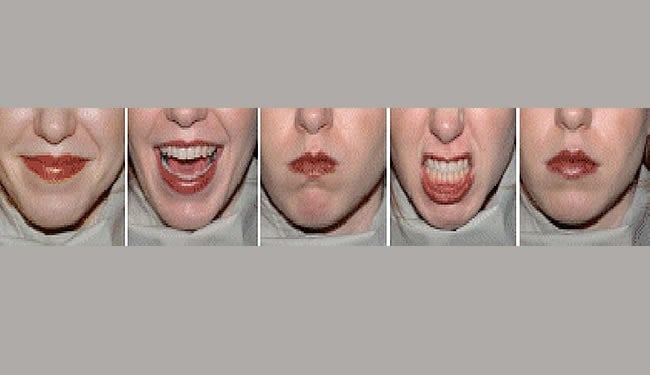 Facial expressions are shown in the image. For me, it seems that the smiling and snarling pictures with teeth showing do stand out against the other expressions.